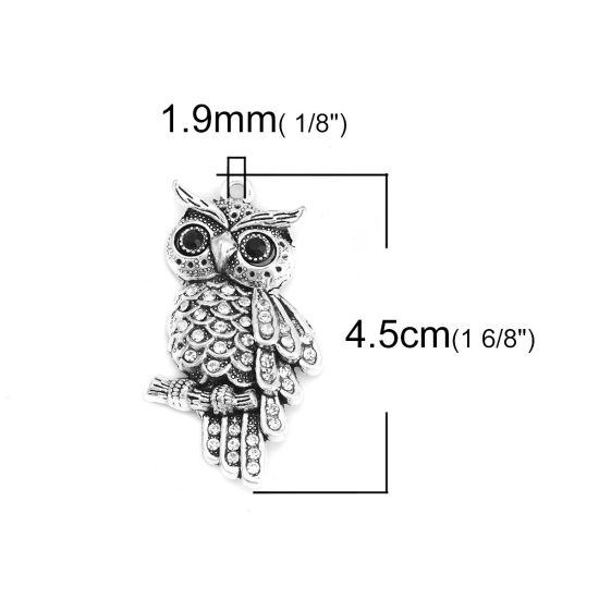Picture of Zinc Based Alloy Pendants Owl Animal Antique Silver Color Black & Clear Rhinestone 4.5cm x 2.3cm, 5 PCs