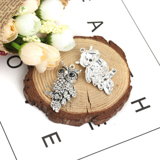 Picture of Zinc Based Alloy Pendants Owl Animal Antique Silver Color Black & Clear Rhinestone 4.5cm x 2.3cm, 5 PCs