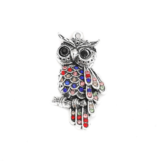 Picture of Zinc Based Alloy Pendants Owl Animal Antique Silver Color Multicolor Rhinestone 4.5cm x 2.3cm, 5 PCs