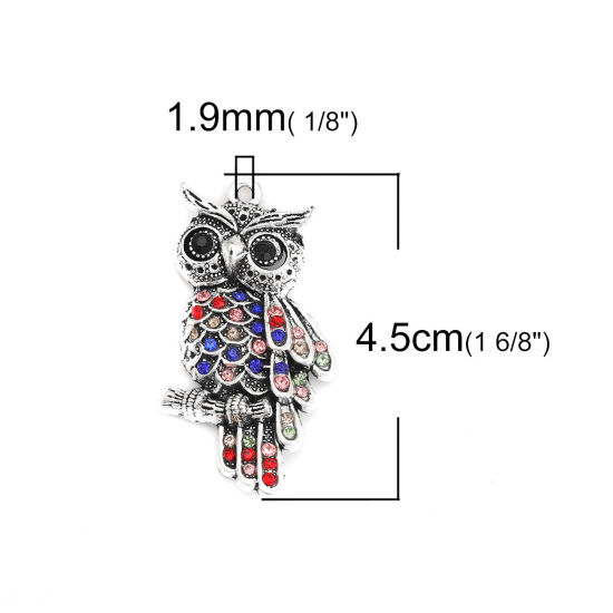 Picture of Zinc Based Alloy Pendants Owl Animal Antique Silver Color Multicolor Rhinestone 4.5cm x 2.3cm, 5 PCs
