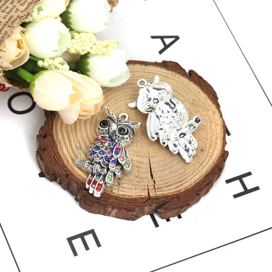 Picture of Zinc Based Alloy Pendants Owl Animal Antique Silver Color Multicolor Rhinestone 4.5cm x 2.3cm, 5 PCs