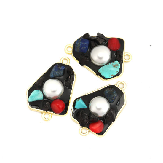 Picture of Zinc Based Alloy & Resin & Stone Enamel Connectors Polygon Gold Plated Multicolor Imitation Pearl 26mm x 17mm, 5 PCs