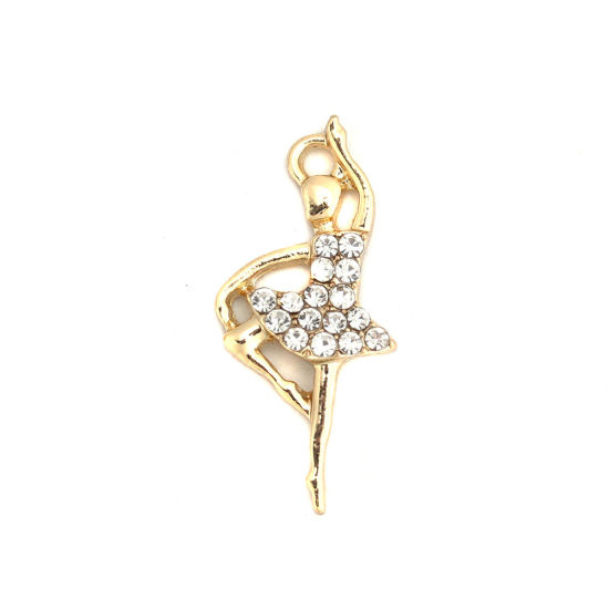Imagen de Zamak Colgantes Charms Bailarina Chapado en Oro Transparente Rhinestone Hueco 22mm x 10mm, 10 Unidades