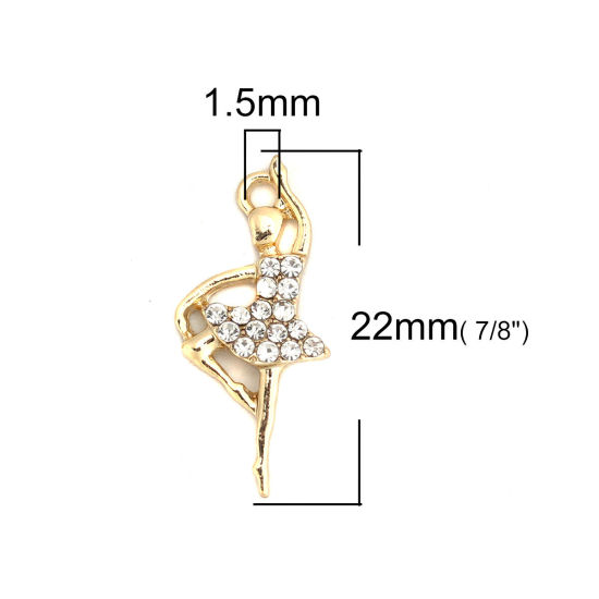 Imagen de Zamak Colgantes Charms Bailarina Chapado en Oro Transparente Rhinestone Hueco 22mm x 10mm, 10 Unidades