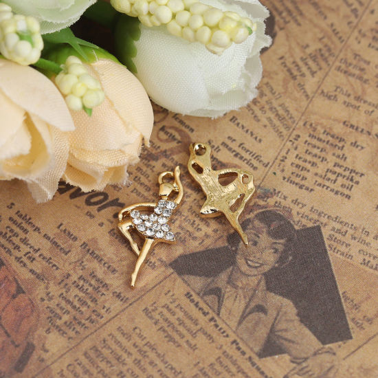 Imagen de Zamak Colgantes Charms Bailarina Chapado en Oro Transparente Rhinestone Hueco 22mm x 10mm, 10 Unidades