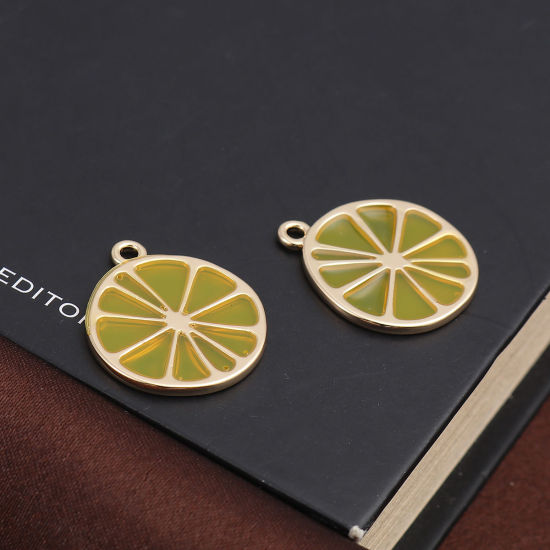 Picture of Zinc Based Alloy Charms Orange Fruit Gold Plated Yellow Enamel 27mm x 24mm, 5 PCs