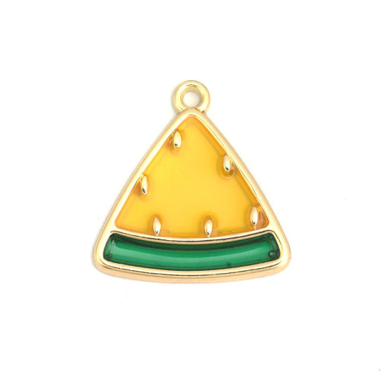 Picture of Zinc Based Alloy Charms Watermelon Fruit Gold Plated Green & Yellow Enamel 26mm x 25mm, 5 PCs