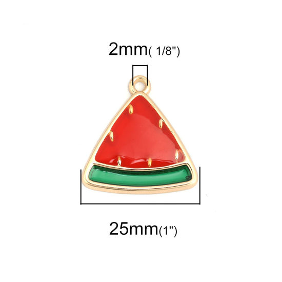 Picture of Zinc Based Alloy Charms Watermelon Fruit Gold Plated Red & Green Enamel 26mm x 25mm, 5 PCs
