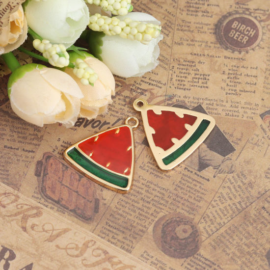 Picture of Zinc Based Alloy Charms Watermelon Fruit Gold Plated Red & Green Enamel 26mm x 25mm, 5 PCs