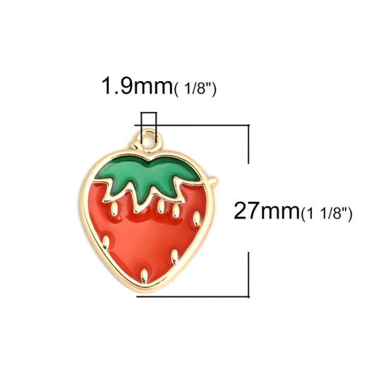 Picture of Zinc Based Alloy Charms Strawberry Fruit Gold Plated Green & Light Pink Enamel 27mm x 22mm, 5 PCs