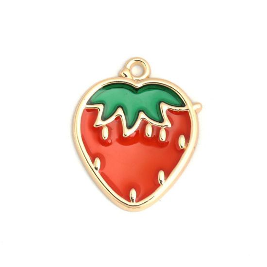 Picture of Zinc Based Alloy Charms Strawberry Fruit Gold Plated Green & Light Pink Enamel 27mm x 22mm, 5 PCs