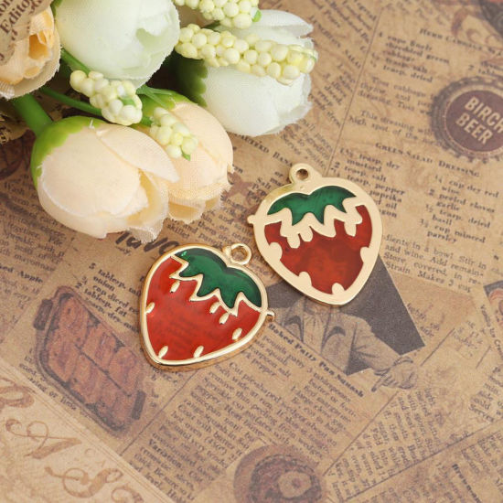 Picture of Zinc Based Alloy Charms Strawberry Fruit Gold Plated Red & Green Enamel 27mm x 22mm, 5 PCs