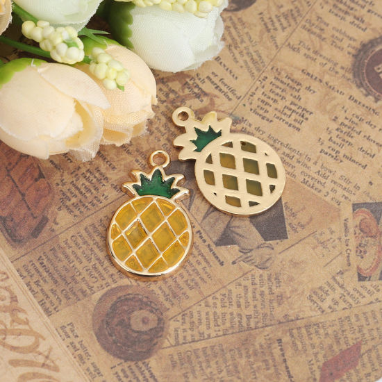 Picture of Zinc Based Alloy Charms Pineapple/ Ananas Fruit Gold Plated Green & Yellow Enamel 28mm x 17mm, 5 PCs