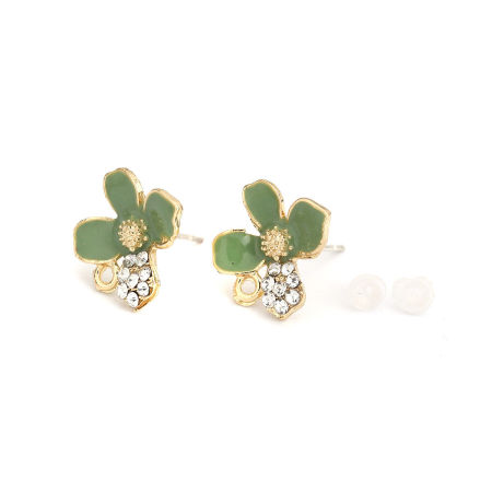 Picture of Zinc Based Alloy Ear Post Stud Earrings Findings Flower Gold Plated Green Enamel Clear Rhinestone W/ Loop 13mm x 13mm, Post/ Wire Size: (21 gauge), 4 PCs