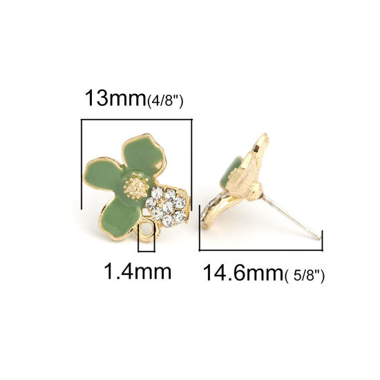 Image de Boucles d'Oreilles Puces en Alliage de Zinc Fleur Vert Doré Émail à Strass Transparent avec Boucle 13mm x 13mm, Epaisseur de Fil: (21 gauge), 4 Pcs