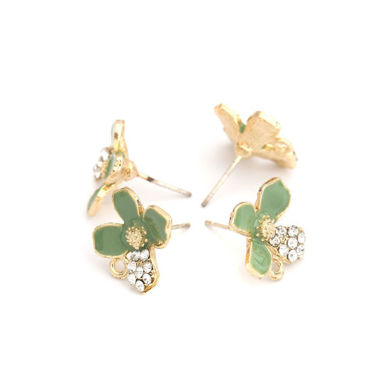 Image de Boucles d'Oreilles Puces en Alliage de Zinc Fleur Vert Doré Émail à Strass Transparent avec Boucle 13mm x 13mm, Epaisseur de Fil: (21 gauge), 4 Pcs