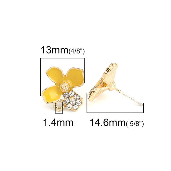 Image de Boucles d'Oreilles Puces en Alliage de Zinc Fleur Jaune Doré Émail à Strass Transparent avec Boucle 13mm x 13mm, Epaisseur de Fil: (21 gauge), 4 Pcs