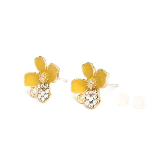 Image de Boucles d'Oreilles Puces en Alliage de Zinc Fleur Jaune Doré Émail à Strass Transparent avec Boucle 13mm x 13mm, Epaisseur de Fil: (21 gauge), 4 Pcs