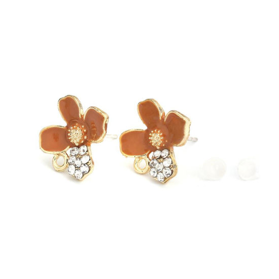 Image de Boucles d'Oreilles Puces en Alliage de Zinc Fleur Jaune Doré Émail à Strass Transparent avec Boucle 13mm x 13mm, Epaisseur de Fil: (21 gauge), 4 Pcs