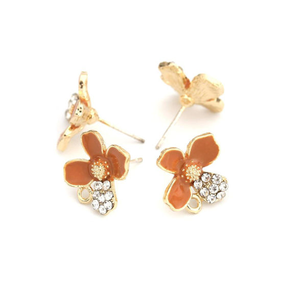 Image de Boucles d'Oreilles Puces en Alliage de Zinc Fleur Jaune Doré Émail à Strass Transparent avec Boucle 13mm x 13mm, Epaisseur de Fil: (21 gauge), 4 Pcs