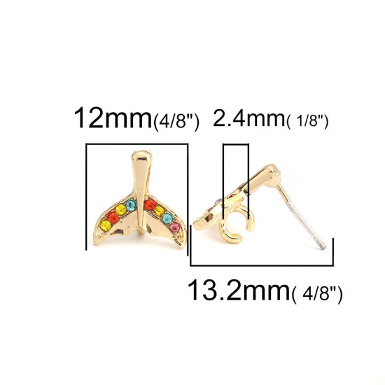 Picture of Zinc Based Alloy Ear Post Stud Earrings Findings Fishtail Gold Plated W/ Loop Multicolor Rhinestone 13mm x 12mm, Post/ Wire Size: (21 gauge), 4 PCs