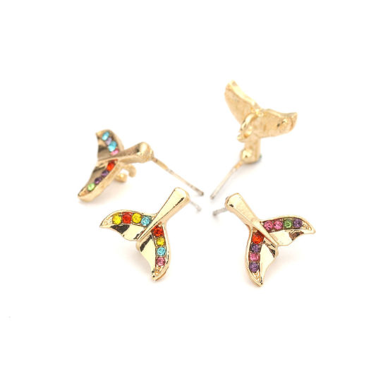Picture of Zinc Based Alloy Ear Post Stud Earrings Findings Fishtail Gold Plated W/ Loop Multicolor Rhinestone 13mm x 12mm, Post/ Wire Size: (21 gauge), 4 PCs