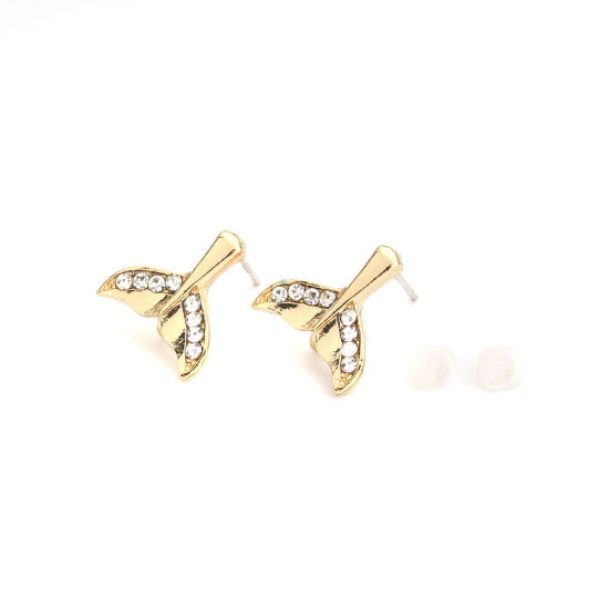Picture of Zinc Based Alloy Ear Post Stud Earrings Findings Fishtail Gold Plated W/ Loop Clear Rhinestone 13mm x 12mm, Post/ Wire Size: (21 gauge), 4 PCs