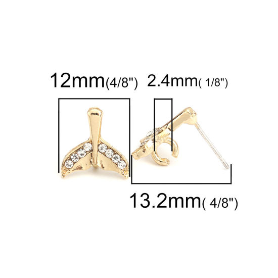 Picture of Zinc Based Alloy Ear Post Stud Earrings Findings Fishtail Gold Plated W/ Loop Clear Rhinestone 13mm x 12mm, Post/ Wire Size: (21 gauge), 4 PCs