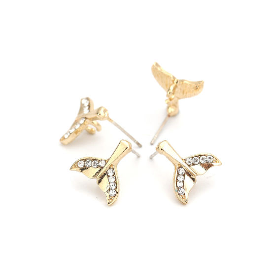 Picture of Zinc Based Alloy Ear Post Stud Earrings Findings Fishtail Gold Plated W/ Loop Clear Rhinestone 13mm x 12mm, Post/ Wire Size: (21 gauge), 4 PCs