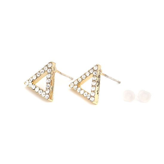 Immagine di Orecchini a Perno Tappi di Orecchini Triangolo Oro Placcato Filigrana Trasparente Strass 13mm x 12mm, Diametro Filo: (21 misura), 4 Pz