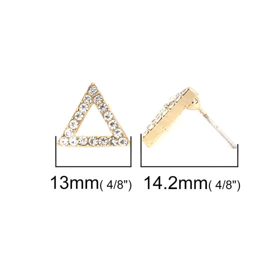 Immagine di Orecchini a Perno Tappi di Orecchini Triangolo Oro Placcato Filigrana Trasparente Strass 13mm x 12mm, Diametro Filo: (21 misura), 4 Pz