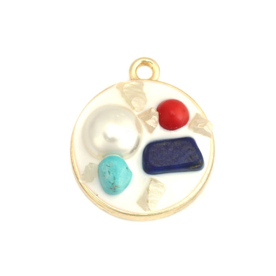 Immagine di Lega di Zinco & Stone Charms Tondo KC Placcato Oro Bianco Imitata Perla 28mm x 24mm , 5 Pz