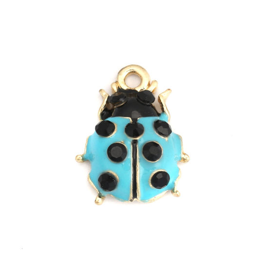 Picture of Zinc Based Alloy Charms Ladybug Animal Gold Plated Blue Black Rhinestone Enamel 18mm x 14mm, 10 PCs