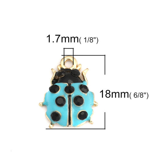 Picture of Zinc Based Alloy Charms Ladybug Animal Gold Plated Blue Black Rhinestone Enamel 18mm x 14mm, 10 PCs