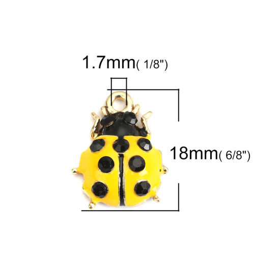 Picture of Zinc Based Alloy Charms Ladybug Animal Gold Plated Yellow Black Rhinestone Enamel 18mm x 14mm, 10 PCs