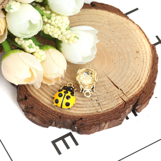 Picture of Zinc Based Alloy Charms Ladybug Animal Gold Plated Yellow Black Rhinestone Enamel 18mm x 14mm, 10 PCs