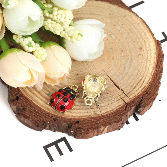 Picture of Zinc Based Alloy Charms Ladybug Animal Gold Plated Red Black Rhinestone Enamel 18mm x 14mm, 10 PCs