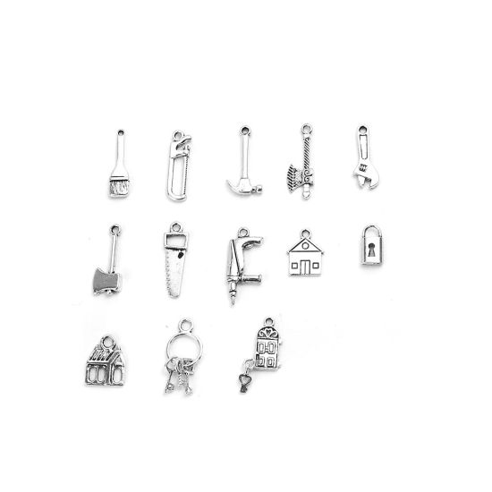 Picture of Zinc Based Alloy Charms Axe Antique Silver Color House 27mm x 12mm - 14mm x 7mm, 2 Sets ( 13 PCs/Set)