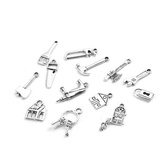 Picture of Zinc Based Alloy Charms Axe Antique Silver Color House 27mm x 12mm - 14mm x 7mm, 2 Sets ( 13 PCs/Set)