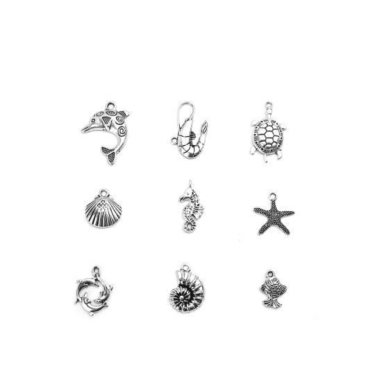 Picture of Zinc Based Alloy Ocean Jewelry Pendants Seahorse Animal Antique Silver Color Dolphin 3.2cm x 2.2cm - 1.6cm x 1.1cm, 2 Sets ( 9 PCs/Set)