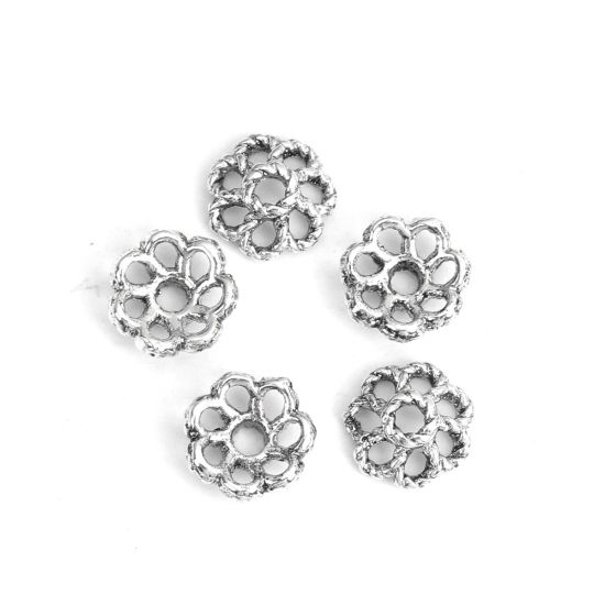 Picture of Zinc Based Alloy Beads Caps Flower Antique Silver Color Hollow (Fit Beads Size: 12mm Dia.) 8mm x 8mm, 20 PCs