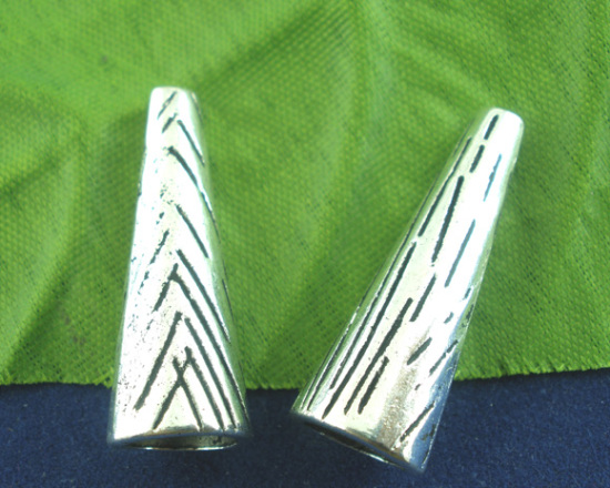 Picture of Zinc Based Alloy Spacer Beads Cone Antique Silver Color Carved About 28mm x10mm, Hole:Approx 2mm, 15 PCs