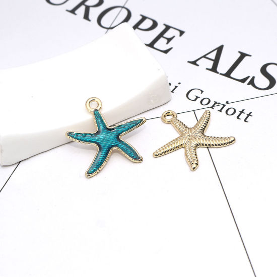 Imagen de Zamak Joyería del océano Colgantes Charms Estrella de mar Chapado en Oro Verde Azul Brillo 25mm x 25mm, 10 Unidades