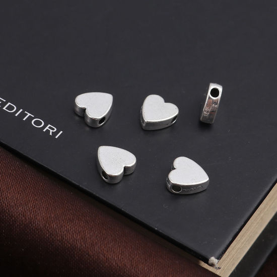 Immagine di Lega di Zinco Perline Cuore Argento Antico Circa 8mm x 8mm, Foro:Circa 1.8mm, 100 Pz