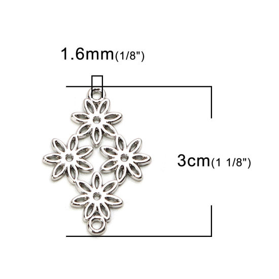 Picture of Zinc Based Alloy Connectors Rhombus Silver Tone Flower Hollow 3cm x 2.1cm, 10 PCs