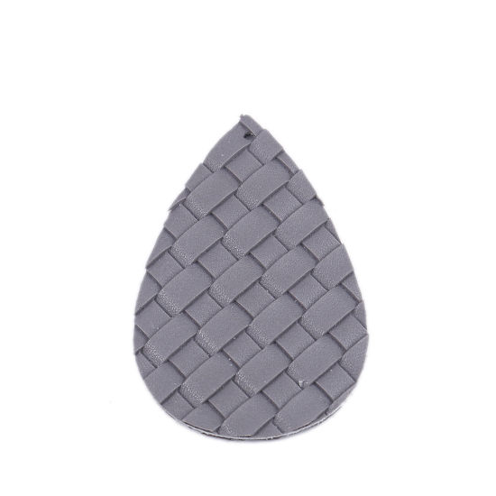 Picture of PU Leather Pendants Drop Gray Bamboo Weaving 56mm x 38mm, 10 PCs