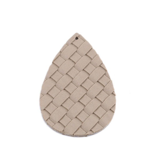 Picture of PU Leather Pendants Drop Light Brown Bamboo Weaving 56mm x 38mm, 10 PCs
