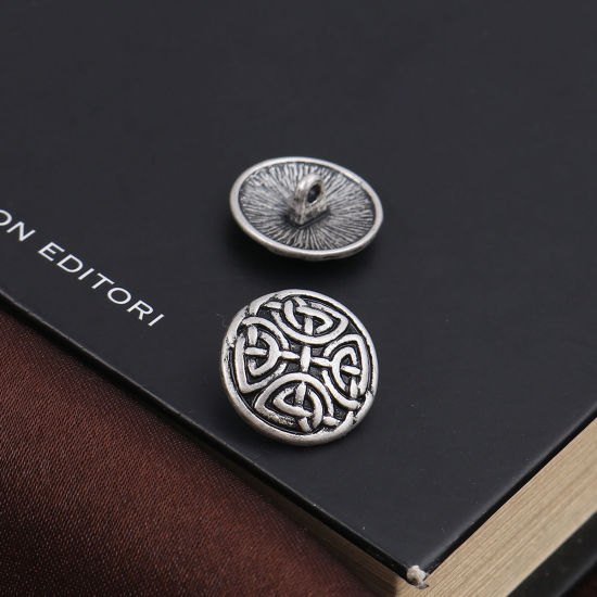 Picture of Zinc Based Alloy Sewing Shank Buttons Round Antique Silver Color Celtic Knot Carved 17mm Dia., 10 PCs
