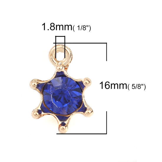 Picture of Zinc Based Alloy Charms Crown Gold Plated Blue Rhinestone 16mm x 11mm, 30 PCs