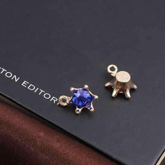 Picture of Zinc Based Alloy Charms Crown Gold Plated Blue Rhinestone 16mm x 11mm, 30 PCs